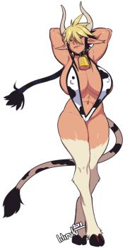 1girl 2018 abs animal_ears animal_legs animal_print armpits arms_behind_head bell black_hair blonde_hair blush breasts brown_eyes cathyl closed_mouth commentary_request covered_erect_nipples cow_ears cow_girl cow_horns cow_print cow_tail cowbell crossed_legs frown full_body grey_horns hair_between_eyes hooves horns huge_breasts lilirulu long_bangs looking_at_viewer monster_musume_no_iru_nichijou multicolored_hair muscular muscular_female navel neck_bell short_hair simple_background slingshot_swimsuit solo swimsuit tail two-tone_hair watson_cross