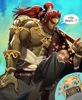 1girl 2boys abs absurdres artist_name baggy_pants beard biceps bisexual_male blonde_hair blood blue_sky cape colored_skin crown earrings english_text facial_hair ganondorf green_skin heart heart-shaped_pupils highres holding holding_sword holding_weapon implied_bisexual japanese_clothes jewelry katana kimono large_pectorals link long_hair looking_to_the_side male_focus multiple_boys muscular muscular_arms muscular_male nervous nintendo nipples nosebleed pants pectorals pointy_ears ponytail princess_zelda red_eyes red_hair ring sara_kinnaly sheikah_slate short_hair sky smirk speech_bubble sword symbol-shaped_pupils the_legend_of_zelda the_legend_of_zelda:_tears_of_the_kingdom thick_eyebrows trembling twitter_username weapon yaoi