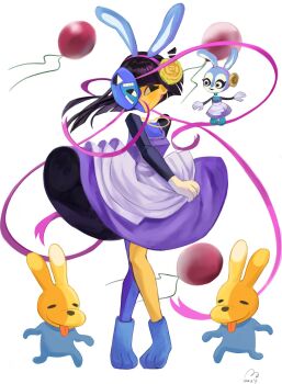 2girls 2others animal_ears balloon commentary cosplay dress ena_(ena) ena_(series) ena_(web_series) flower happy_ena highres hourglass_dog ivy_(ena) ivy_(ena)_(cosplay) mask_(ena) matching_outfits mini_person minigirl multiple_girls multiple_others rabbit rabbit_ears rabbit_girl ribbon rose smile symbol-only_commentary usagimarumei yellow_flower yellow_rose