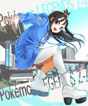 1girl :d black_eyes black_hair blue_hoodie commentary_request copyright_name cube_hair_ornament full_body hair_ornament happy haya_shuu highres hood hood_down hoodie leggings lida_(pokemon) long_hair long_sleeves looking_at_viewer nintendo open_mouth pokemon pokemon_legends:_z-a ribbed_socks shoes smile socks solo teeth topknot upper_teeth_only white_shoes white_socks