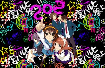 Rule 34 | 2boys, 3girls, arm up, asahina mikuru, blue jacket, blue skirt, brown hair, brown shoes, calico (pattern), calico cat, chalk drawing, closed mouth, drawing on fourth wall, foreshortening, from above, jacket, koizumi itsuki, kyon, loafers, maid headdress, maiko (setllon), multiple boys, multiple girls, nagato yuki, necktie, red necktie, ribbon, shoes, skirt, sos-dan logo, suzumiya haruhi, suzumiya haruhi no yuuutsu, translation request, yellow ribbon