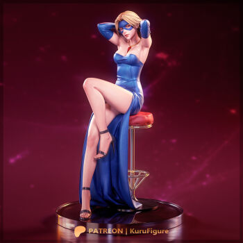 1girl 3d absurdres ankle_strap armpits arms_up artist_request bar_stool blonde_blazer blonde_hair blue_dress blue_mask breasts chair commentary dispatch dress elbow_gloves english_commentary eye_mask facing_to_the_side gem gloves gold_necklace hair_lift high_heels highres jewelry knee_up large_breasts legs long_dress long_hair long_legs mask narrow_waist necklace on_chair patreon_username red_gem side_slit sitting skin_tight slim_legs stool strapless strapless_dress thighs