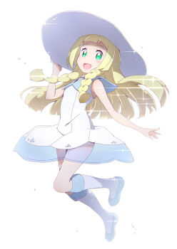 1girl :d akata_itsuki blonde_hair blue_ribbon blue_shoes blunt_bangs braid collared_dress dress full_body green_eyes hand_on_headwear hat hat_ribbon highres jumping kneehighs light_particles lillie_(pokemon) long_hair looking_at_viewer nintendo open_mouth outdoors palm_tree pokemon pokemon_sun_and_moon ribbon shoes simple_background sleeveless sleeveless_dress smile socks solo sun_hat sundress tree twin_braids white_background white_dress white_hat white_socks
