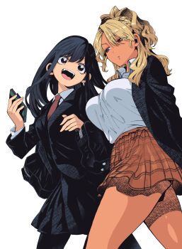 Rule 34 | :d, bag, black hair, black jacket, blazer, blonde hair, braid, breasts, brown eyes, collared shirt, cowboy shot, food court de mata ashita, highres, holding, holding phone, jacket, large breasts, long hair, looking at another, nariie shin'ichirou, necktie, open mouth, orange skirt, pantyhose, parted lips, phone, pleated skirt, red necktie, school bag, shirt, side-by-side, skirt, smile, tan, teeth, upper teeth only, wada (food court), white background, yamamoto (food court)
