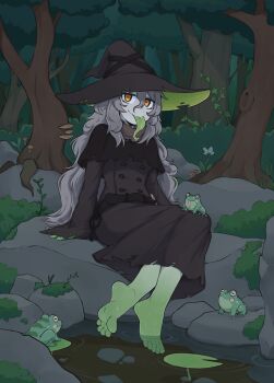 1girl barefoot black_capelet black_dress black_hair buttons capelet closed_mouth colored_skin commentary commission crossed_ankles double-breasted dress english_commentary feet flower forest frog full_body green_skin grey_hair grey_skirt hair_between_eyes hat highres lily_pad long_hair long_sleeves long_tongue looking_at_viewer nature orange_eyes original outdoors sitting skirt soaking_feet softhanten soles solo toes tongue tongue_out tree very_long_hair wide_sleeves witch_hat