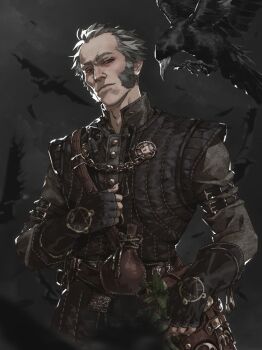 1boy bird black_gloves crow emiel_regis facial_hair fingerless_gloves gloves grey_hair grey_jacket jacket mutton_chops pontyk_blya short_hair solo the_witcher_(series) the_witcher_3 upper_body