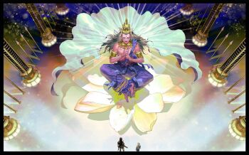 1girl 2boys aleph_(megami_tensei) armlet barefoot black_border black_hair blue_pants blue_sash border closed_eyes colored_skin commentary_request crown demon_(megami_tensei) earrings facial_mark floating_hair flower forehead_mark gold_crown gold_necklace hindu_mythology hiroko_(megami_tensei) indian_clothes jewelry light_particles light_rays long_hair lotus male_focus meditation multiple_boys necklace o_c_x own_hands_together pants petals pillar pink_skin polearm sash shin_megami_tensei shin_megami_tensei_ii spear sunbeam sunlight topless_male virochana_(megami_tensei) weapon