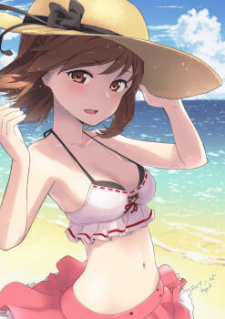 1girl :d alice_gear_aegis arms_up bare_arms bare_shoulders beach bikini bikini_top_only black_bow blush bow breasts brown_eyes brown_hair cleavage cloud cloudy_sky cowboy_shot dated day errant female_focus hand_on_headwear hat hat_bow highres looking_at_viewer medium_breasts navel ocean open_mouth outdoors pink_skirt red_ribbon ribbon ribbon-trimmed_bikini ribbon_trim shore short_hair signature skirt sky smile solo stomach strap_gap sun_hat sutegoro_shiina swept_bangs swimsuit water white_bikini