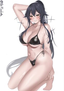 1girl arm_behind_head armpits barefoot bikini black_bikini black_hair breasts cleavage dr.plankton full_body half-closed_eyes hashtag-only_commentary highleg highleg_bikini highres kantai_collection kneeling large_breasts legs long_hair navel parted_lips ponytail red_eyes side-tie_bikini_bottom simple_background smile solo sparkle swimsuit teeth thighs thong_bikini twitter_username white_background yahagi_(kancolle)
