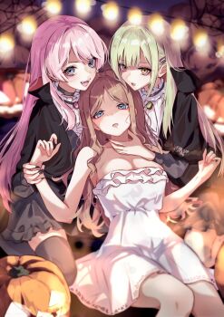 3girls bang_dream! bang_dream!_it&#039;s_mygo!!!!! black_cape black_nails black_thighhighs blush breasts brown_hair cape chihaya_anon cleavage dress fangs green_hair grey_eyes hair_ornament hairclip hand_on_another&#039;s_neck holding_another&#039;s_wrist houji_tea_latte jack-o&#039;-lantern large_breasts long_hair multiple_girls nagasaki_soyo open_mouth parted_lips pink_hair thighhighs vampire wakaba_mutsumi white_dress yellow_eyes yuri