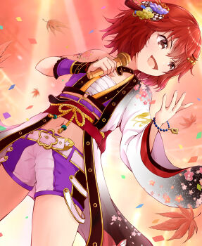 1girl absurdres autumn_leaves belt bracelet brown_eyes chest_sarashi coat commentary_request flat_chest hair_ornament highres holding holding_microphone idolmaster idolmaster_cinderella_girls idolmaster_cinderella_girls_starlight_stage jewelry kanzashi leaf looking_to_the_side microphone murakami_tomoe navel open_clothes open_coat red_hair ryou.r sarashi shogi_piece short_hair shorts signing smile solo
