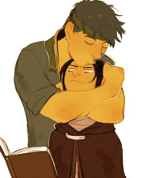 2boys arms_around_neck black_hair book commentary english_commentary fire_emblem fire_emblem:_path_of_radiance headband height_difference hoskky ike_(fire_emblem) kiss kissing_forehead male_focus multiple_boys nintendo red_eyes short_hair simple_background soren_(fire_emblem) yaoi