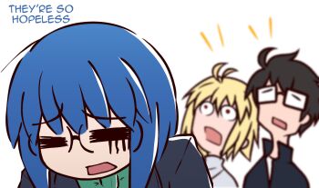 1boy 2girls :o ahoge arcueid_brunestud black_hair blonde_hair blue_hair bow ciel_(tsukihime) closed_eyes english_text gakuran glasses green_bow hair_intakes highres jacket jewelry multiple_girls necklace open_mouth red_eyes sakurello school_uniform short_hair souya_high_school_uniform surprised tohno_shiki tsukihime tsukihime_(remake)