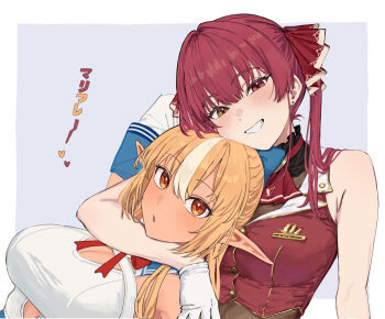 2girls ascot bare_shoulders blonde_hair blush border bow breasts dark-skinned_female dark_elf dark_skin detached_sleeves elf gloves hair_bow hair_ribbon head_tilt heterochromia hololive houshou_marine houshou_marine_(1st_costume) large_breasts leotard long_hair looking_at_viewer multicolored_hair multiple_girls open_mouth pointy_ears ponytail red_eyes red_hair ribbon shino_12a ship_name shiranui_flare shiranui_flare_(1st_costume) shirt sidelocks simple_background sleeveless smile streaked_hair twintails upper_body virtual_youtuber white_border white_gloves white_hair yellow_eyes