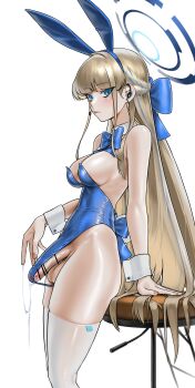 1girl absurdres animal_ears bar_censor blonde_hair blue_archive blue_bow blue_bowtie blue_eyes blue_halo blue_leotard blush bow bowtie breasts censored commentary cropped_legs detached_collar earphones earpiece english_commentary expressionless fake_animal_ears from_side futa_with_female futanari hair_bow halo highres large_breasts leotard long_hair looking_at_viewer no_bra no_panties norunollu penis playboy_bunny precum precum_through_clothes rabbit_ears sideboob solo standing strapless strapless_leotard testicles thighhighs toki_(blue_archive) toki_(bunny)_(blue_archive) white_thighhighs wrist_cuffs
