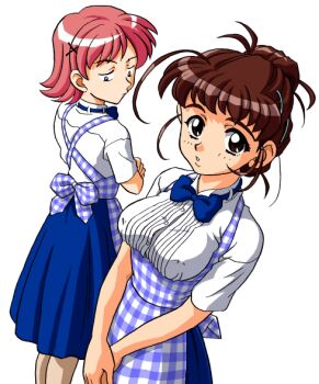 Rule 34 | 2girls, apron, bandabekken, black eyes, blue apron, blue bow, blue bowtie, blue skirt, bow, bowtie, breast envy, breasts, closed mouth, covered erect nipples, crossed arms, gingham apron, gingham clothes, graduation (series), hair bun, hair ornament, hairclip, kobeya uniform, looking at breasts, looking at viewer, medium breasts, medium hair, multiple girls, own hands together, parted lips, pink hair, saitou yukari, shirt, short hair, simple background, skirt, sotsugyou iii: wedding bell, standing, v arms, waitress, watanabe kazue (graduation), white background, white shirt, x hair ornament