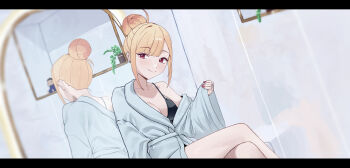 1girl bathrobe black_bra blonde_hair bra breasts closed_mouth commentary_request crossed_legs earrings eyelashes hair_bun highres jewelry kitagawa_marin large_breasts looking_at_viewer mirror nmm plant potted_plant red_eyes single_hair_bun sitting smile sono_bisque_doll_wa_koi_wo_suru underwear