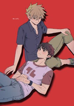 Rule 34 | 2boys, black shirt, blue oak, blue pants, brown eyes, brown hair, buttons, capri pants, closed mouth, collared shirt, commentary request, crew neck, denim, eye contact, green pants, hair between eyes, hand on own knee, highres, jeans, lap pillow, looking at another, male focus, multiple boys, nintendo, open collar, pants, pk rgr96, pokemon, pokemon sm, print shirt, raglan sleeves, red (pokemon), red background, shirt, short hair, simple background, sitting, spiked hair, t-shirt