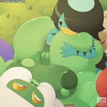 1girl anal anal_fisting animated animated_gif anus ass ass_focus breasts cleft_of_venus colored_skin crossover fisting gen_4_pokemon green_skin highres huge_ass kappa kappa_(youkai_watch) large_breasts looking_at_another nintendo nipples no_humans nude on_ground pokemon pokemon_(creature) pussy pussy_juice red_eyes roserade shortstack suiko_(youkai_watch) tears uncensored white_hair youkai_watch zenminch