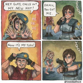 1boy 2girls absurdres artist_name barry_burton beard_stubble beret black_gloves blue_eyes blue_hat blue_shirt brown_hair commentary english_commentary facial_hair fingerless_gloves gloves gun hand_on_own_hip handgun hat highres holding holding_gun holding_weapon jill_valentine lisa_trevor multiple_girls resident_evil resident_evil_1 rhiannon_kagoe shirt smile speech_bubble stubble weapon