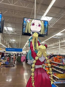 4girls absurdres banana_peel black_hair blonde_hair blue_dress blue_hair blue_skirt bow braid brown_jacket brown_pants camera_feed character_request doll_joints dress hair_bow hat highres indoors jacket joints lifting_person long_dress long_hair mahou_shoujo_ni_akogarete makotogab meme mini_hat mini_top_hat morino_korisu multiple_girls necktie nero_alice pants pantyhose photo_background pink_dress pink_eyes red_necktie roboko_(mahou_shoujo_ni_akogarete) shirt showing_baby_to_a_supermarket_camera_(meme) skirt top_hat tripping twin_braids white_shirt