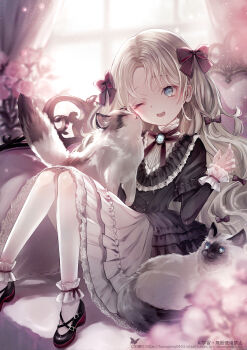 1girl :d ;d artist_name black_dress black_shoes blonde_hair blue_eyes bow bowtie commentary_request copyright_notice curtains dress feet_out_of_frame frilled_dress frilled_sleeves frills hair_bow hand_up hane_segawa highres jewelry long_hair one_eye_closed open_mouth original pantyhose parted_bangs pendant red_bow red_bowtie shoes sitting smile solo watermark web_address white_pantyhose window