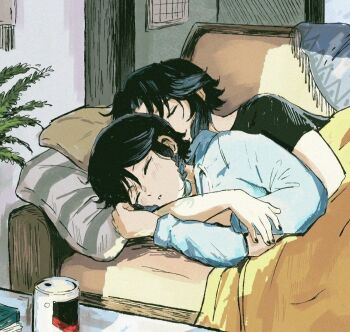 2boys arm_around_shoulder black_hair black_nails black_shirt blanket braid calendar_(object) can closed_eyes commentary contemporary couch drink_can genshin_impact gradient_hair indoors long_sleeves lying male_focus multicolored_hair multiple_boys nail_polish neetols on_side parted_bangs parted_lips pillow plant shirt short_sleeves side_braid sleeping soda_can spooning table under_covers upper_body venti_(genshin_impact) white_shirt xiao_(genshin_impact) yaoi