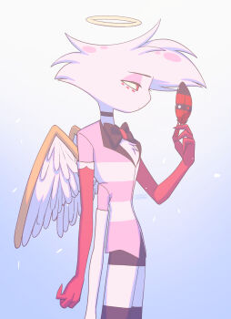 1boy absurdres angel_dust angel_wings arms_at_sides black_bow black_bowtie black_choker black_skirt black_thighhighs blue_background bow bowtie choker closed_mouth commentary_request cowboy_shot elbow_gloves extra_arms eyeshadow facial_mark feathered_wings feathers fewer_digits from_side furry furry_male gloves gradient_background halo hand_up hazbin_hotel hellaverse highres holding holding_feather jitome light_particles makeup male_focus menma_(enaic31) miniskirt pencil_skirt pink_eyeshadow pink_shirt profile red_eyes red_feathers red_gloves shirt signature simple_background skirt solo standing striped_clothes striped_shirt thighhighs traditional_bowtie two-tone_background two-tone_shirt two-tone_wings white_background white_fur white_gloves white_shirt white_wings wings yellow_halo yellow_wings zettai_ryouiki