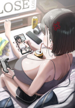 Rule 34 | 1girl, anger vein, bag of chips, between breasts, bikini, black choker, black hair, black nails, black shorts, borrowed character, bracelet, breasts, bubble tea challenge, camisole, can, cellphone, chips (food), choker, cleavage, commentary, controller, couch, crop top, drink, drinking straw, ear piercing, earclip, english commentary, feet on table, food, from above, from behind, game controller, gigantic breasts, goth (booruguru), highres, holding, holding controller, holding game controller, holding phone, indoors, jewelry, nail polish, on couch, original, phone, piercing, potato chips, puffy cheeks, ring, short hair, shorts, silvertsuki, sitting, sleaze (booruguru), smartphone, solo, spaghetti strap, swimsuit, zipper, zipper bikini