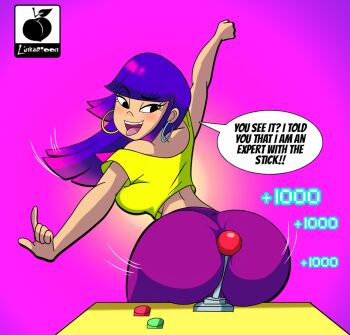 1girl :p arcade arched_back ass ass_shake assertive_female back bare_shoulders between_buttocks black_eyes blunt_bangs blush breasts clenched_hand controller dancing demonstration earrings english_text excited eyelashes female_focus from_behind game_controller glitch_techs highres hoop_earrings huge_ass jewelry jiggle joystick leggings linkartoon long_hair looking_at_viewer looking_back medium_breasts miko_kubota multicolored_hair nickelodeon no_bra off_shoulder open_mouth pants pointing purple_hair purple_pants raised_arm raised_eyebrow sexually_suggestive shirt short_sleeves sideboob simple_background smile solo speech_bubble text_focus tight_clothes tight_pants tongue tongue_out tooth_gap two-tone_hair wide_hips yellow_shirt