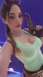 1girl animated argentine_(nationality) bare_arms black_gloves braid braided_ponytail breasts cleavage cosplay day fingerless_gloves gloves gun handgun highres holding holding_gun holding_weapon lara_croft lara_croft_(cosplay) lips medium_breasts photo_(medium) real_life shirt short_shorts shorts single_braid sophie_valentine tagme tomb_raider trigger_discipline video weapon wide_hips