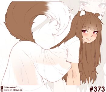 1girl all_fours animal_ear_fluff animal_ears blush breasts brown_hair commentary english_commentary fang from_side grin highres holo likunea long_hair looking_at_viewer medium_breasts oversized_clothes oversized_shirt parted_lips patreon_logo patreon_username red_eyes see-through_silhouette shirt short_sleeves smile spice_and_wolf tail twitter_username twitter_x_logo white_shirt wolf_ears wolf_girl wolf_tail zoom_layer