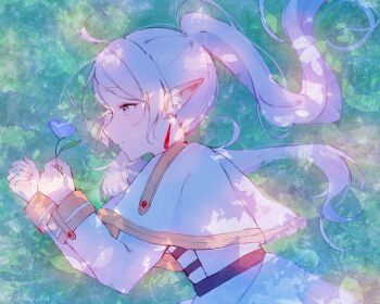 1girl blue_eyes blue_flower blush capelet closed_mouth dress earrings elf flower frieren hashtag-only_commentary highres holding holding_flower jewelry long_hair long_sleeves lying on_grass on_side pointy_ears sarano_814 solo sousou_no_frieren teardrop_earrings twintails upper_body white_capelet white_dress white_hair