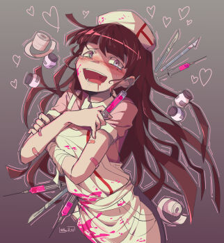 1girl anah_41 apron bandaged_arm bandages bandaid black_hair blood blood_on_clothes blush collared_shirt colored_blood commentary danganronpa_(series) danganronpa_2:_goodbye_despair drooling english_commentary gradient_background hat heart highres holding holding_syringe long_hair looking_at_viewer mole mole_under_eye nurse nurse_cap open_mouth pink_blood pink_shirt shirt short_sleeves smile solo syringe tsumiki_mikan white_apron white_eyes yami_kawaii
