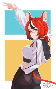Rule 34 | 1girl, alternate costume, animal ear fluff, animal ears, arm up, ass, black hair, black pants, black streaks, blue eyes, breasts, commentary, cropped hoodie, double-parted bangs, hair between eyes, hakos baelz, hand on own hip, hand up, highres, hololive, hololive english, hood, hooded jacket, hoodie, jacket, medium breasts, mouse ears, mouse tail, multicolored hair, pants, red hair, sharp teeth, signature, smile, standing, sweatpants, tail, takomonty, teeth, v, virtual youtuber, white hair, white hoodie