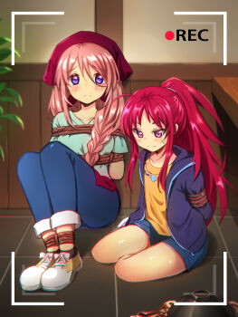2girls ahoge aqua_shirt bdsm blue_eyes blue_pants blush bondage bound braid chinese_commentary closed_mouth commentary_request denim denim_shorts frown full_body furrowed_brow hair_between_eyes headscarf highres indoors jinguuji_hikari kamisama_ni_natta_hi knees_up lliissaawwuu2 long_hair long_hair_between_eyes long_sleeves looking_at_viewer multiple_girls narukami_sora on_floor pants pink_hair ponytail purple_eyes recording red_hair red_headscarf shibari shirt shoes short_sleeves shorts sidelocks single_braid sitting sneakers split_mouth sweatdrop thick_eyebrows thighs tile_floor tiles very_long_hair viewfinder white_shoes yellow_shirt yokozuwari