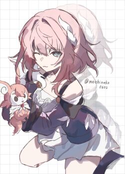 1girl bare_shoulders blue_eyes breasts coat cyrene_(aedes_elysiae)_(honkai:_star_rail) cyrene_(honkai:_star_rail) doll dress highres holding holding_doll honkai:_star_rail honkai_(series) mem_(honkai:_star_rail) mochineko0602 multicolored_hair one_eye_closed pink_hair purple_coat short_hair simple_background small_breasts solo thighs twitter_username two-tone_hair white_background white_dress white_hair