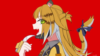 1girl absurdres animal_ear_fluff animal_ears blonde_hair carumi3342 colored_inner_hair fingerless_gloves gloves green_eyes highres ju_fufu long_hair looking_at_viewer multicolored_hair open_mouth parody shirt smile tail tiger_ears tiger_tail vampire_(vocaloid) white_hair zenless_zone_zero