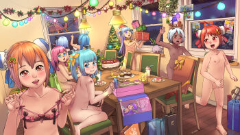 6+girls a-801 bag bandaid bandaid_on_face bandaid_on_nose bell bird blue_eyes blue_hair blush box bra breasts bun_cover cake candle christmas christmas_tree cleft_of_venus collar cupless_bra dark-skinned_female dark_skin dimples_of_venus doll double_bun fake_antlers flat_chest floating food gift gift_bag gift_box gingerbread_man hair_bun hat highres holidays indoors loli long_hair looking_at_viewer looking_back multiple_girls neck_bell night nude orange_hair party penguin pink_hair pointing purple_eyes red_eyes red_hair running sad santa_hat short_hair sidelocks silver_hair sitting sky small_breasts smoothie standing star_(sky) starry_sky sweat table tears toy two_side_up uncensored underwear wariza window wooden_floor wreath zenra