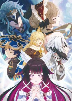 Rule 34 | 3boys, 3girls, absurdres, aether (genshin impact), ahoge, anemo symbol (genshin impact), angel wings, aqua hair, arlecchino (genshin impact), arm ribbon, ascot, bare shoulders, black bodysuit, black bonnet, black bow, black choker, black eyes, black gloves, black hair, black mask, blonde hair, blue ascot, blue cape, blue gem, blue hat, blue kimono, blunt bangs, blunt ends, bodysuit, bonnet, bow, bowtie, braid, bright pupils, brown hair, bun with braided base, cape, center-flap bangs, choker, choppy bangs, closed eyes, closed mouth, coat, collarbone, colored inner hair, columbina (genshin impact), covered collarbone, cowlick, dottore (genshin impact), dress, eye mask, eyelashes, eyeliner, facing down, facing to the side, facing viewer, falling feathers, feathered wings, feathers, gem, genshin impact, gloves, gold, gold trim, hair bow, hair bun, hair intakes, hair ornament, hair ribbon, hair tubes, hands up, hashtag-only commentary, hat, head wings, highres, japanese clothes, jingasa, juban, kimono, lens flare, long hair, long sidelocks, looking at viewer, looking to the side, looking up, low-braided long hair, low-tied long hair, makeup, mandala, mask, multicolored hair, multiple boys, multiple girls, multiple wings, o-ring, o-ring choker, open clothes, open kimono, open mouth, orange gem, own hands clasped, own hands together, parted lips, pink hair, popped collar, red eyeliner, red lips, red pupils, ribbon, sandrone (genshin impact), scaramouche (genshin impact), scarf, short hair, short hair with long locks, shoulder blades, shoulder peek, sidelocks, sideways mouth, single hair bun, split mouth, streaked hair, symbol-shaped pupils, syringe earrings, takane pato, teeth, tongue, tress ribbon, turtleneck, turtleneck bodysuit, upper teeth only, vambraces, vision (genshin impact), wanderer (genshin impact), watermark, white bow, white bowtie, white coat, white dress, white hair, white kimono, white mouth, white pupils, white ribbon, white scarf, white wings, wing hair ornament, wings, wrist bow, x-shaped pupils, yellow bow, yellow eyes