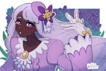 1girl :o ascot brooch dark-skinned_female dark_skin dress fascinator frilled_ascot frilled_sleeves frills gloves gnohcci_(modantoire) gold_ring hand_up highres jacinthe_(pokemon) jewelry long_hair looking_at_viewer mega_stone nintendo parted_lips pokemon pokemon_legends:_z-a purple_dress purple_eyes purple_hair solo upper_body very_dark_skin white_gloves