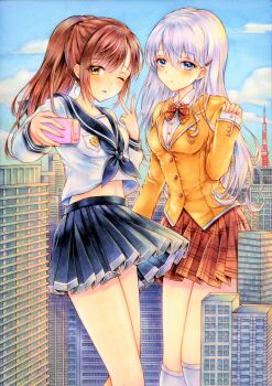 2girls absurdres besanten black_neckerchief black_sailor_collar black_skirt blazer blue_sky blush bow bowtie breast_pocket breasts brown_bow brown_bowtie brown_hair brown_skirt building cellphone cityscape commentary commentary_request crop_top cropped_shirt day english_commentary giant giantess grey_hair hand_up hands_up highres holding holding_phone jacket layered_sleeves long_hair marker_(medium) midriff miniskirt mixed-language_commentary multiple_girls neckerchief one_eye_closed original outdoors parted_bangs parted_lips phone plaid_bow plaid_bowtie plaid_clothes plaid_skirt pleated_skirt pocket ponytail sailor_collar school_uniform serafuku shirt skirt sky skyscraper sleeves_past_wrists smartphone standing straight_hair tokyo_skytree traditional_media v white_shirt yellow_eyes yellow_jacket