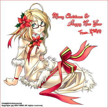 Rule 34 | 1girl, 2004, ahoge, archived source, artist name, blonde hair, bow, breasts, candy, candy cane, candy cane ornament, christmas, closed mouth, copyright notice, cursive, detached collar, english text, flower, food, full body, fur-trimmed shirt, fur-trimmed skirt, fur-trimmed sleeves, fur collar, fur sleeve cuffs, fur trim, glasses, green eyes, h2so4, hair flower, hair ornament, hands on ground, happy new year, heart, korean text, large bow, leaf, lips, long shirt, long skirt, looking at viewer, medium breasts, medium hair, merry christmas, new year, off-shoulder shirt, off shoulder, original, parted hair, poinsettia, rectangular eyewear, red-framed eyewear, red bow, red flower, red ribbon, ribbon, semi-rimless eyewear, shirt, sidelocks, sitting, skirt, sleeve cuffs, smile, solo, straight hair, three-quarter sleeves, under-rim eyewear, watermark, web address, white background, yellow shirt, yellow skirt, yellow sleeves, yokozuwari