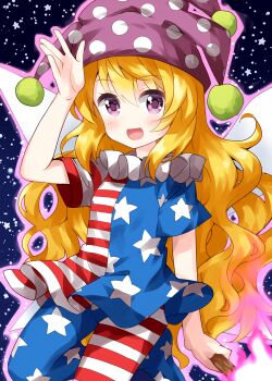 1girl :d american_flag_dress blonde_hair blush clownpiece commentary_request fairy_wings flat_chest foot_out_of_frame hair_between_eyes hand_up hat highres holding holding_torch jester_cap long_hair looking_at_viewer neck_ruff one-hour_drawing_challenge open_mouth outline pantyhose pink_hat polka_dot purple_eyes purple_outline ruu_(tksymkw) short_sleeves smile solo space star_(sky) star_(symbol) star_print torch touhou very_long_hair wavy_hair wings