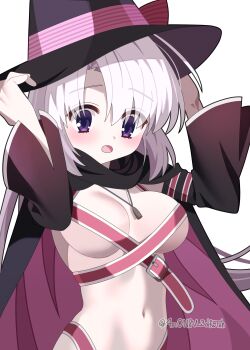 1girl 4rion :o absurdres belt belt_bra black_cape black_hat blush breasts cape commentary detached_sleeves eyes_visible_through_hair grey_hair hair_between_eyes hand_on_headwear hands_up hat highres large_breasts long_hair long_sleeves looking_at_viewer navel open_mouth pink_belt pink_cape purple_eyes sanoba_witch simple_background solo tareme twitter_username two-sided_cape two-sided_fabric upper_body white_background wide_sleeves witch witch_hat