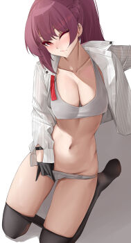 1girl absurdres alternate_costume arm_out_of_frame black_gloves black_pantyhose blush braid breasts buruma casperrin cleavage closed_mouth clothes_pull collarbone commentary english_commentary full_body girls&#039;_frontline girls&#039;_frontline_2:_exilium gloves highres kneeling lips long_hair long_sleeves looking_at_viewer makiatto_(girls&#039;_frontline_2) medium_breasts navel one_eye_closed open_clothes open_shirt panties pantyhose pantyhose_pull ponytail purple_hair red_eyes shirt side_braid sidelocks solo sports_bra sports_panties underwear wa2000_(girls&#039;_frontline) white_background white_panties white_shirt white_sports_bra