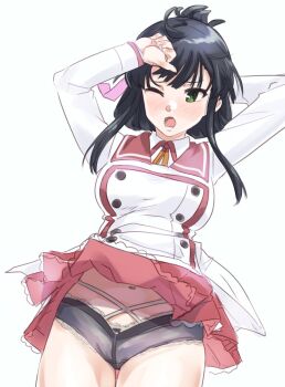 Rule 34 | 1girl, arm behind head, black hair, black panties, blush, breasts, clothes lift, collared shirt, commentary request, cowboy shot, cross-laced clothes, cross-laced panties, folded ponytail, green eyes, highres, large breasts, long sleeves, looking at viewer, mashitono desu, miniskirt, minoseki gakuin uniform, navel, neck ribbon, one eye closed, open mouth, orange ribbon, panties, pleated skirt, red sailor collar, red skirt, ribbon, sailor collar, school uniform, shirt, sidelocks, simple background, skirt, skirt lift, solo, standing, toji no miko, underwear, white background, white shirt, wind, wind lift, winter uniform, yanase mai