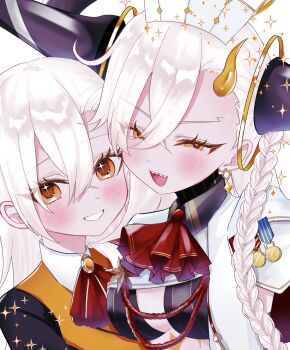 2girls ascot blush braid breasts commentary_request detached_horns dual_persona earrings fate/grand_order fate_(series) grey_hair grin hair_between_eyes hat highres horns huge_horns jewelry long_hair long_horns looking_at_viewer multiple_girls olga_marie_animusphere open_mouth orange_eyes red_ascot sharp_teeth side_braid single_horn smile sushi_173k teeth u-olga_marie u-olga_marie_(second_ascension) very_long_hair white_hair yellow_eyes yellow_horns