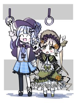 2girls :d :o asymmetrical_footwear asymmetrical_legwear black_capelet black_flower black_hat black_pantyhose black_rose black_shoes blonde_hair blue_hair blue_skirt bonnet braid braided_hair_rings capelet commentary_request deerstalker dress flower flower-trimmed_dress frilled_dress frilled_skirt frills gothic_lolita green_bonnet green_dress green_shoes hair_rings hand_grip hat height_difference holding_another's_hair holding_hand_grip lolita_fashion mahou_shoujo_no_majo_saiban multiple_girls open_mouth pantyhose plaid_clothes plaid_skirt rose shoes single_leg_pantyhose skirt smile tachibana_sherry tono_hanna train_interior twintails yellow_flower yellow_rose zassou_maruko