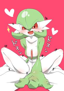 Rule 34 | 1girl, bob cut, breasts, collarbone, colored skin, female focus, gardevoir, gen 3 pokemon, green hair, green skin, hair between eyes, happy, heart, japanese text, kazamidoririnn, looking at viewer, medium breasts, motion lines, multicolored skin, nintendo, open mouth, pokemon, pokemon (creature), red background, red eyes, shiny skin, short hair, simple background, smile, solo, spread legs, squatting, thighs, translation request, two-tone skin, white skin